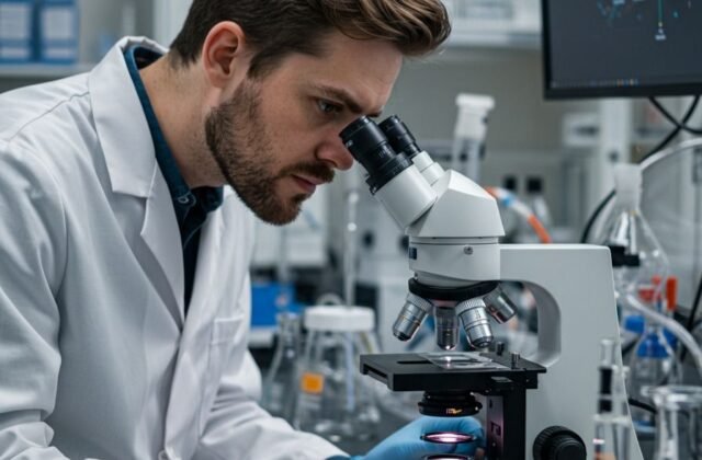 Biotechnology students performing lab experiments during an internship training programme.